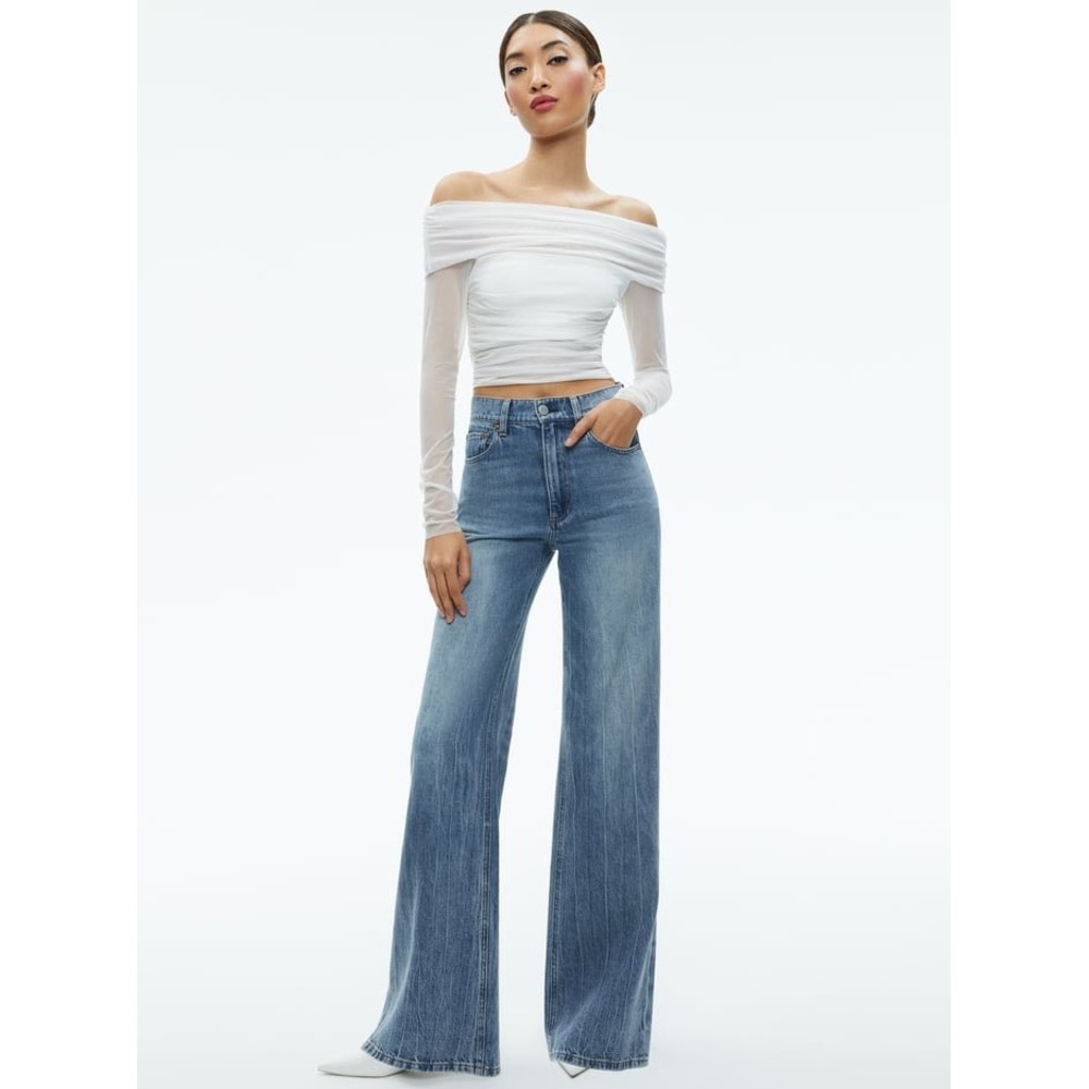 ALICE + OLIVIA ISADOLA RUCHED OFF THE SHOULDER MESH TOP OFF WHITE NWT MEDIUM